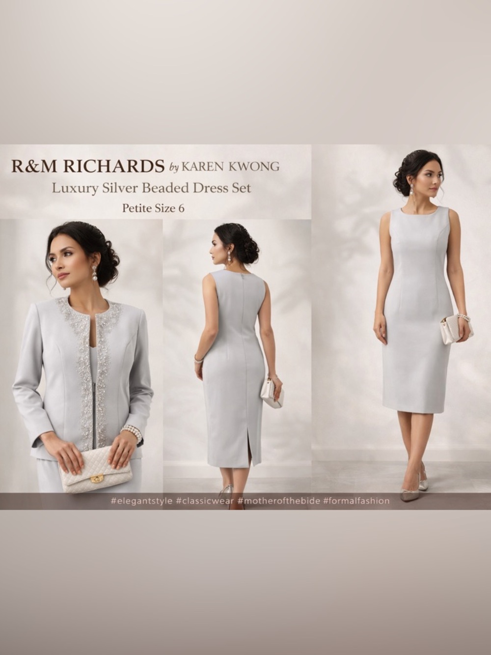 R&M Richards Karen Kwong Silver Beaded Dress Set Petite 6 Elegant